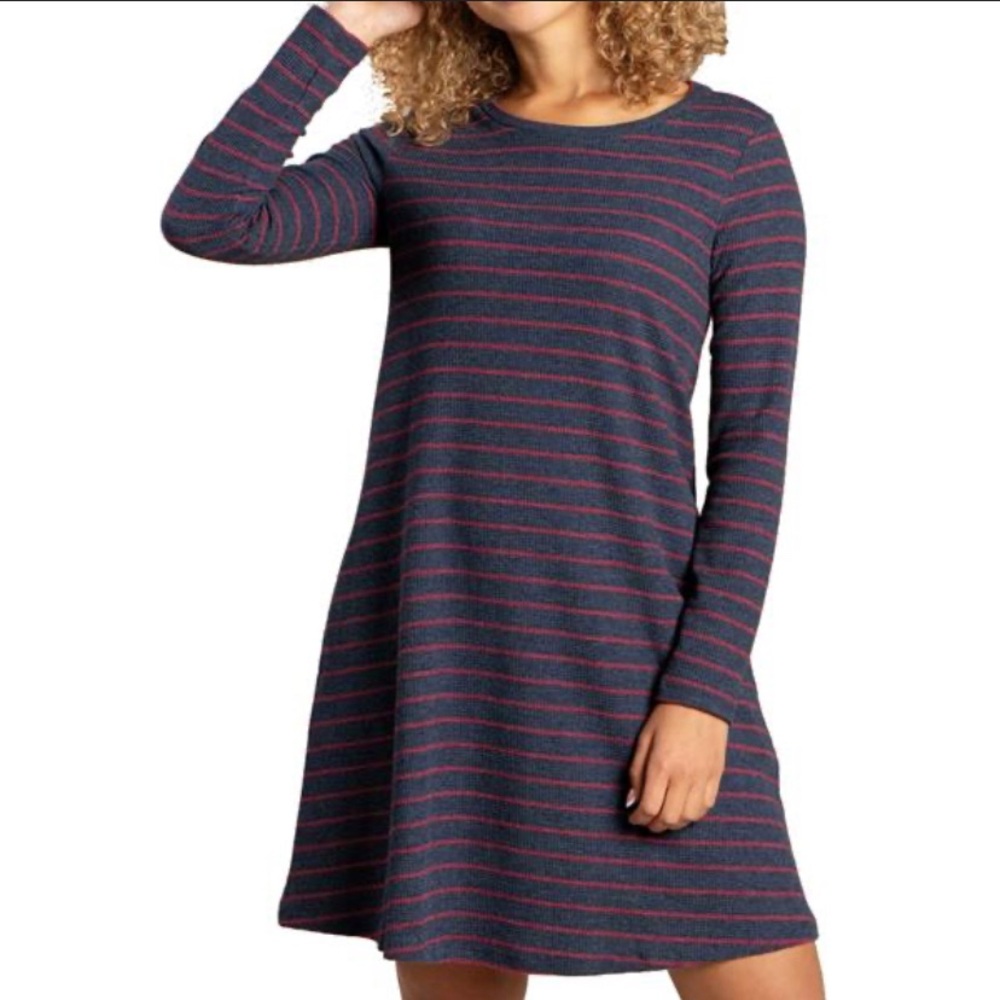 Toad&Co Dress Foothills Long Sleeve Waffle Knit Navy Red Organic Cotton Small